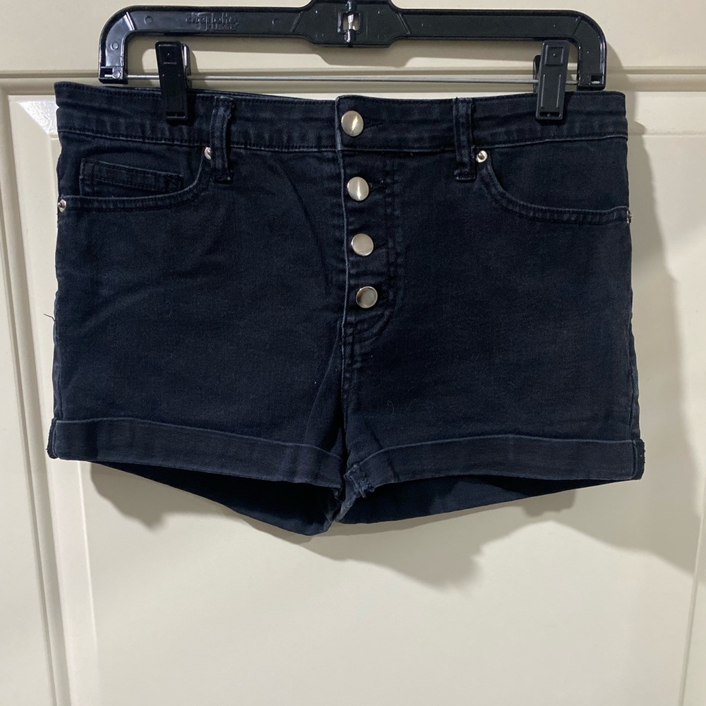 Black Button Front, High Waisted, Cuffed Shorts